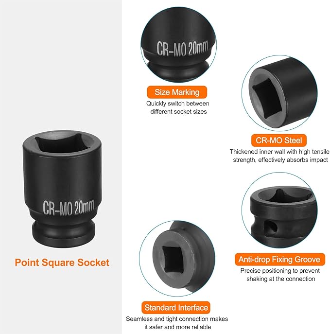 HARFINGTON 4 Point Square Socket 1/2" Drive 20mm Metric Square Impact Socket CR-MO Blackening Standard Wheel Sockets Pneumatic Socket Tool for Auto Repair Mechanical Maintenance Home Use