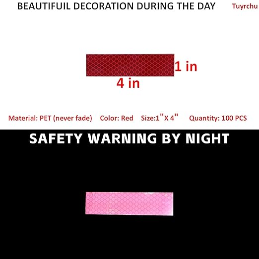 Non Fading Red Reflective Stickers 1 inch X 4 inch, Outdoor Waterproof High Visibility Warning Safety Adhesive Reflector Tape (100 Pcs)