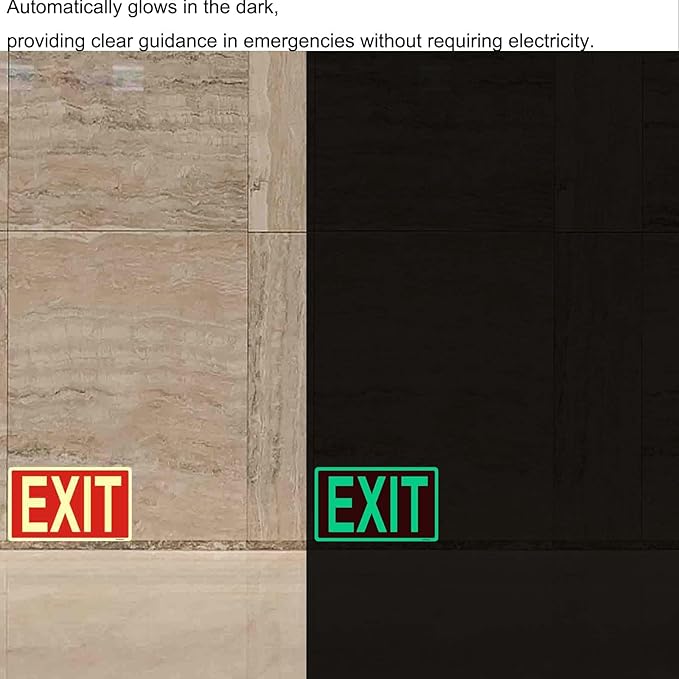 Glow in the Dark Exit Sign Stickers - 4 Pcs, 12x7 In - Ideal Illuminated Emergency Exit Signs for Business or Office - Apply to Door, Wall, Window - Photoluminescent and UV Protected