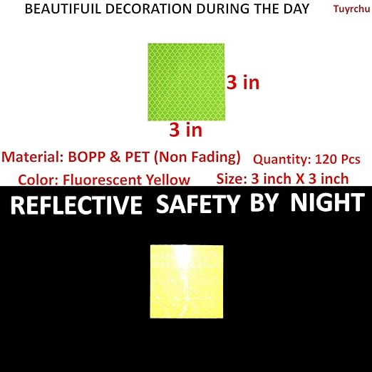 Fluorescent Reflective Stickers 3 inch X 3 inch, Outdoor Waterproof High Visibility Warning Safety Adhesive Reflector (120 Pcs)