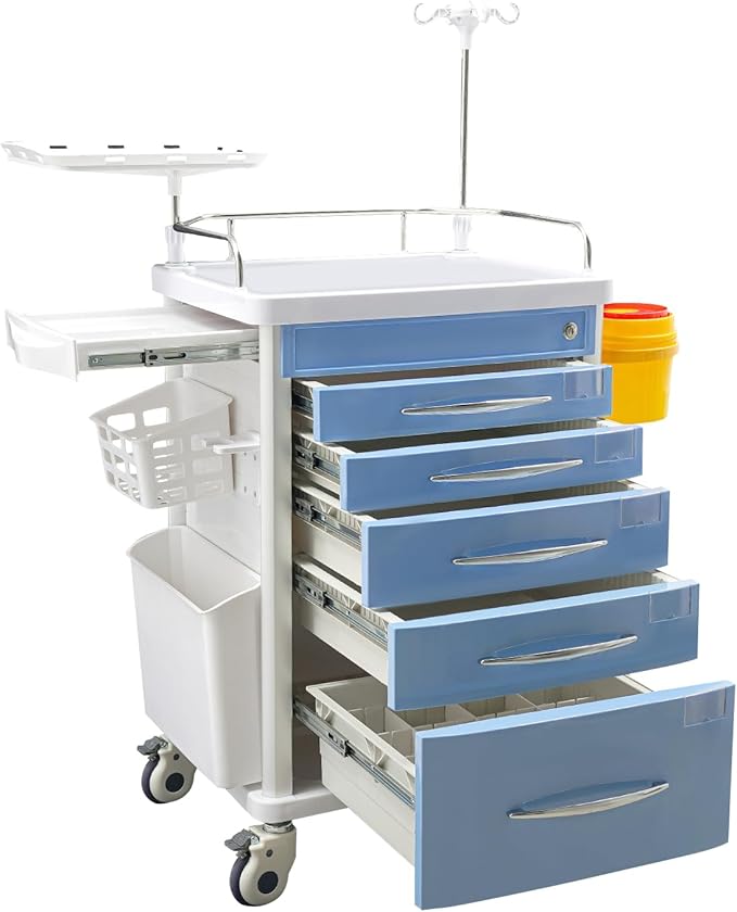Rolling Crash Cart with Drawers & Adjustable IV Pole, Silent Casters, Needle Disposal Holder, Trash Bin, O2 Holder, Utility Trolley Cart for Clinic, Hospital, Salon, Lab, Load 176 Lbs (Blue)