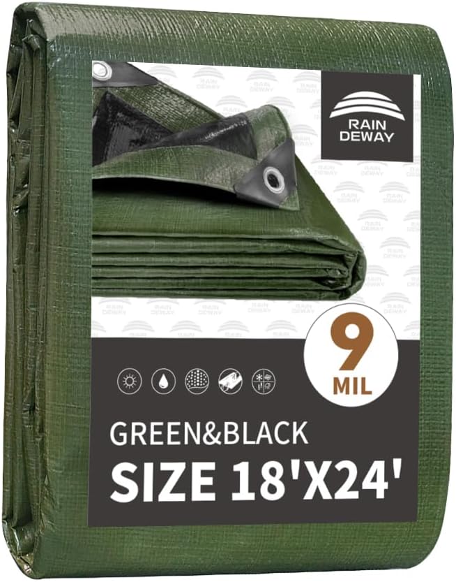 RAINDEWAY Tarps 18x24 Feet,Tarp Waterproof,9Mil Thick Finished Size, Multipurpose Poly Tarp Cover with Metal Grommets and Reinforced Edges,Green/Black Tarpaulin