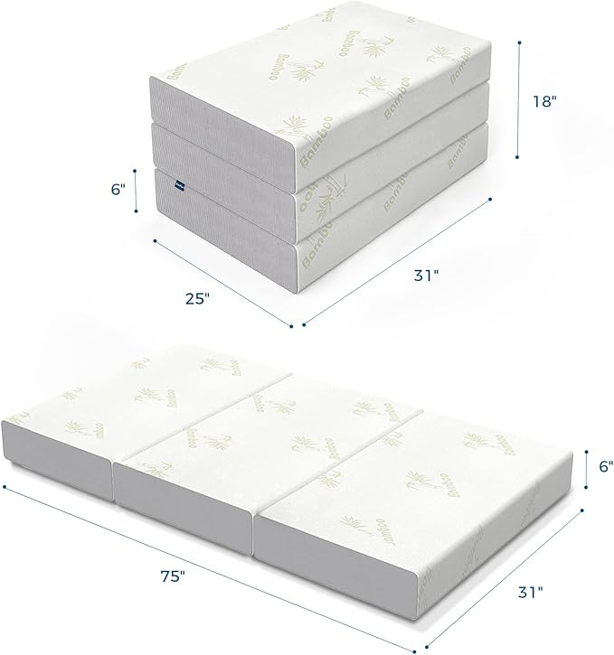 Inofia Trifold Mattress, Folding Memory Foam Mattress with Removable Cover, for Camping, Guest, and Floor Foldable Beds, Cot Size (75"x31"x6")