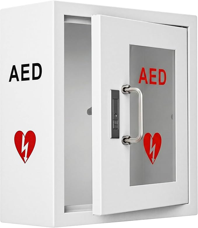 AED Cabinet Wall Mounted, Steel Defibrillator Storage Case with PVC Clear Window, Handle and Snap Lock, AED Defibrillator Cabinet for Home, Hospital 14.2 x 7.8 x 15.7 Inch