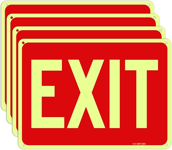 T&R Exit Sign - 4 Pack - 10 x 7 Inches Rust Free .040 Aluminum Glow-In-The-Dark - UV Protected, Waterproof, Weatherproof and Fade Resistant - 4 Pre-drilled Holes