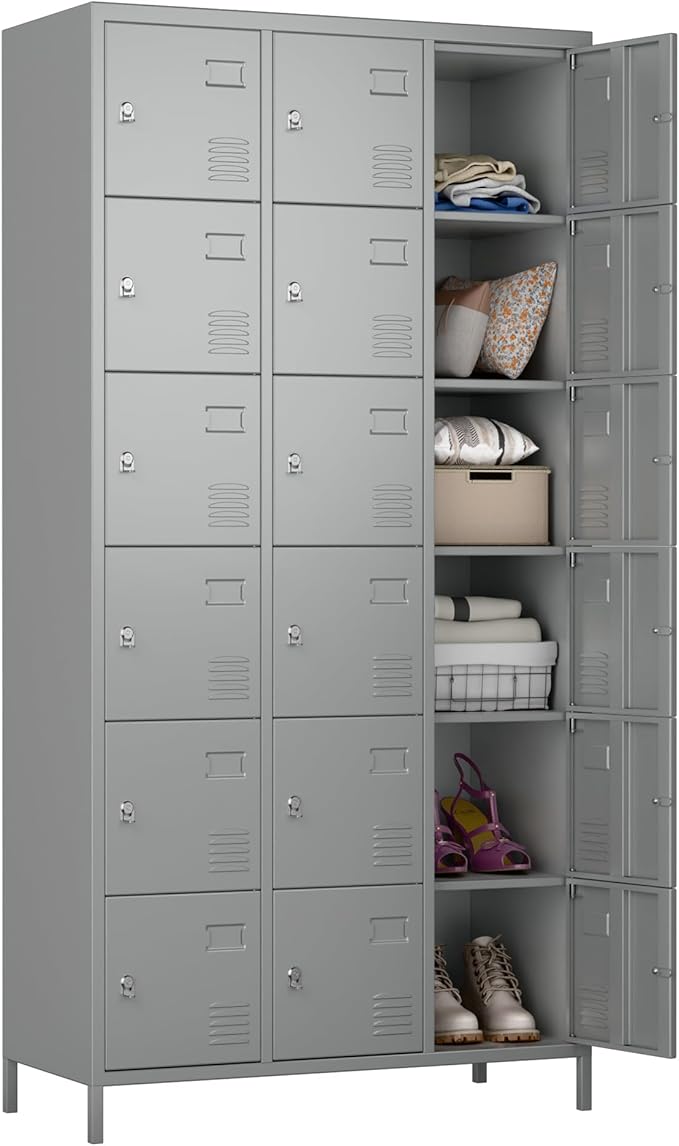 Metal Lockers for Employees, Steel Storage Locker with 18 Doors for School Office Gym Bedroom,Assembly Required, Light Grey,18 Doors
