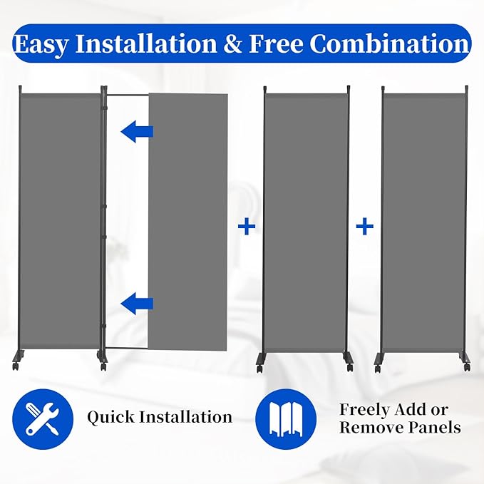 Room Divider 6FT Room Partition with Lockable Wheels, (Thicked Metal Base) Room Dividers, Freestanding Indoor Folding Privacy Screens, Portable Fabric Wall Divider for (Grey, 88"- 4 Panel)