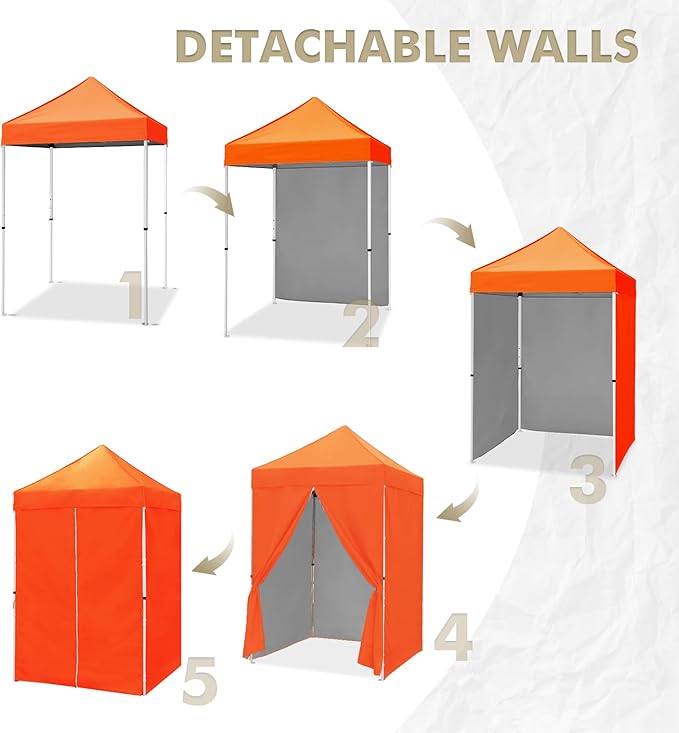EAGLE PEAK 5x5 Instant Canopy with 4-Side Wall Panels, Small Pop up Portable Canopy Tent with Carry Bag, Light Weight Sun Shelter for Sports, Camping and Beach, Orange