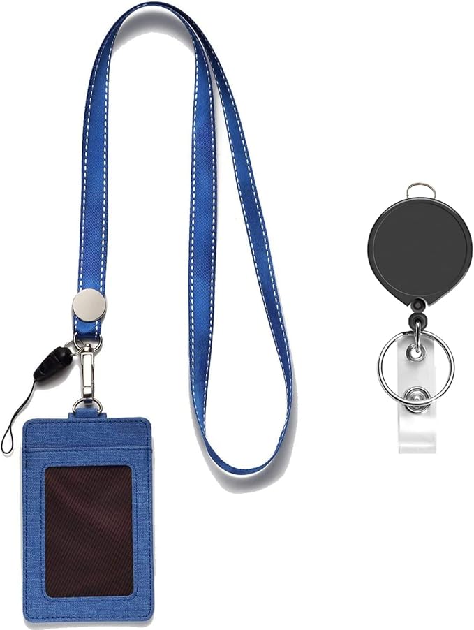 AMUU 1 Pack Lanyard with PU Leather Vertical ID Badge Holder and Retractable Badge Reel,Neck Blue Lanyards for id Card Holders Straps Keys Kids Women Men Cruise