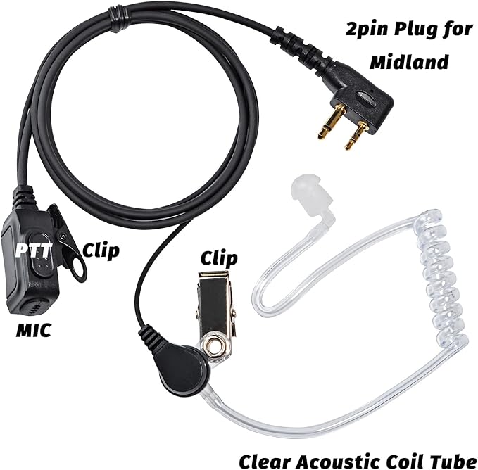 Walkie Talkie Earpiece for Midland Walkie Talkies GXT1000VP4 LXT500VP3 GXT1050VP4 GXT1000XB, Two Way Radio Surveillance Earpiece Headset Ear Piece with Mic and Clear Acoustic Coil Tube, Pack of 2