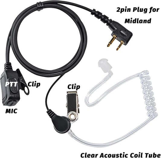 Walkie Talkie Earpiece for Midland Walkie Talkies GXT1000VP4 LXT500VP3 GXT1050VP4 GXT1000XB, Two Way Radio Surveillance Earpiece Headset Ear Piece with Mic and Clear Acoustic Coil Tube, Pack of 2
