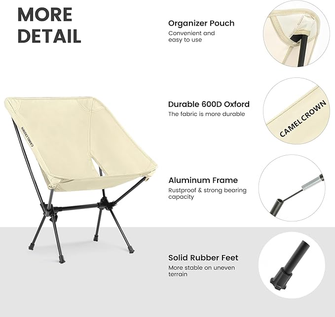 CAMEL CROWN Portable Camping Chair Folding Compact Lawn Lightweight Backpacking Chair with Carry Bag for Outdoor Hiking Beach Travel Picnic Festival White