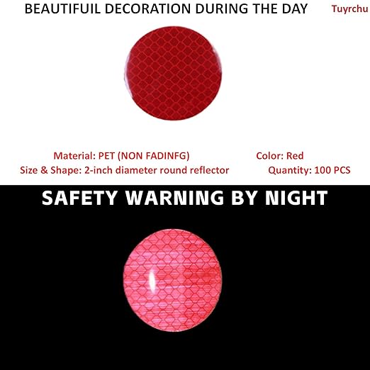 Non Fading Red Reflective Stickers 2-inch Diameter Round Reflector, Outdoor Waterproof High Visibility Warning Adhesive Tape (100 Pcs)