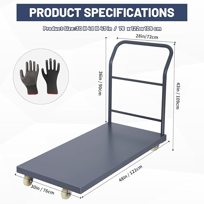 Heavy Duty Platform Truck, 48"x30" Flatbed Cart, 2000 lbs Capacity Steel Flat Dolly with Swivel Wheels, Industrial Utility Push Cart for Warehouse, Luggage, and Moving
