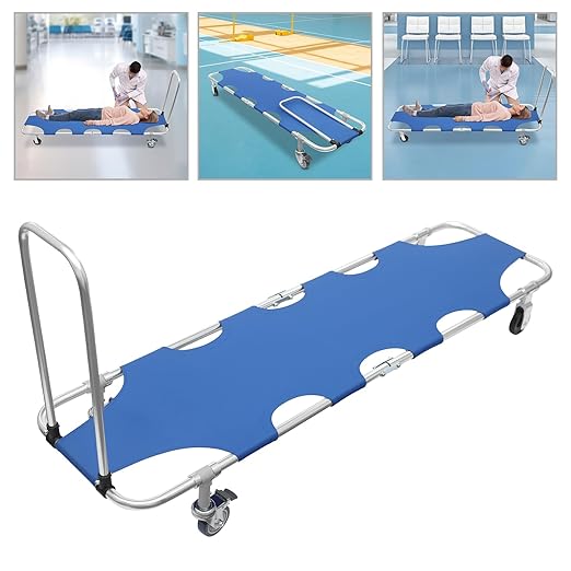 Folding Stretcher for Emergency w/Trolley 4 Wheels & Straps, Aluminum Alloy Portable Emergency Medical Stretcher for Hospital Clinic Home Sports Venues Ambulance