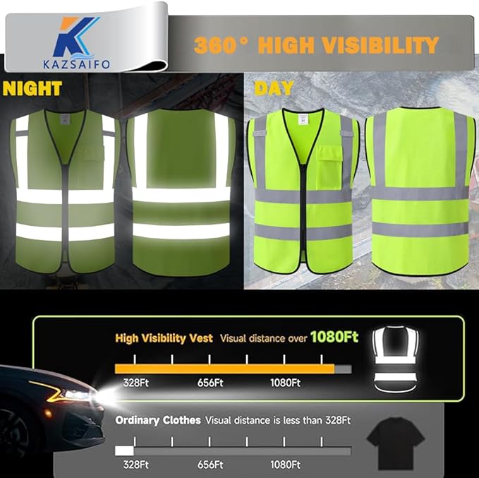 Hi Vis Reflective Safety Vest for Men Women Work,Mesh High Visibility Class 2 Construction Vest with Chest Pocket and Zipper Front,Meets ANSI/ISEA Standard (KZ179-Yellow-XL)