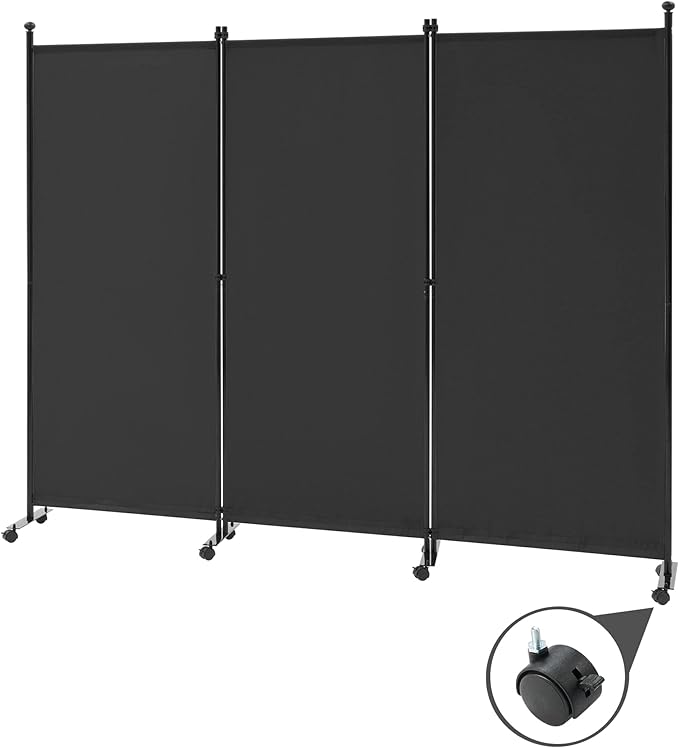 Spurgehom 3 Panel Rolling Room Divider, Folding Partition Privacy Screens, Freestanding Fabric Room Panel, Portable Folding Wall Divider for Office, Room, Restaurant, Hospital (Black)