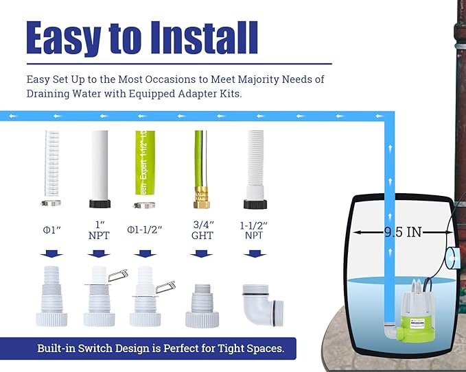 Green Expert 1/3HP Submersible Sump Pump with Unique Flow Sensor Switch Last-inch Water Drainage for Flooded Basement Backyard Pool Hot Tub Rain Barrel Easy to Use Backup Drain Pump 25-Foot Power Cord