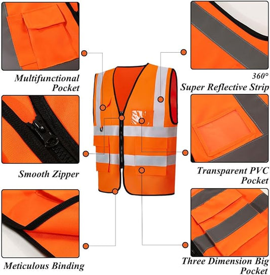 Orange Reflective Safety Vest for women and men, Breathable hi vis vest with 360° reflective strips & 4 Pockets for traffic, surveyor, construction, Universal XL Size