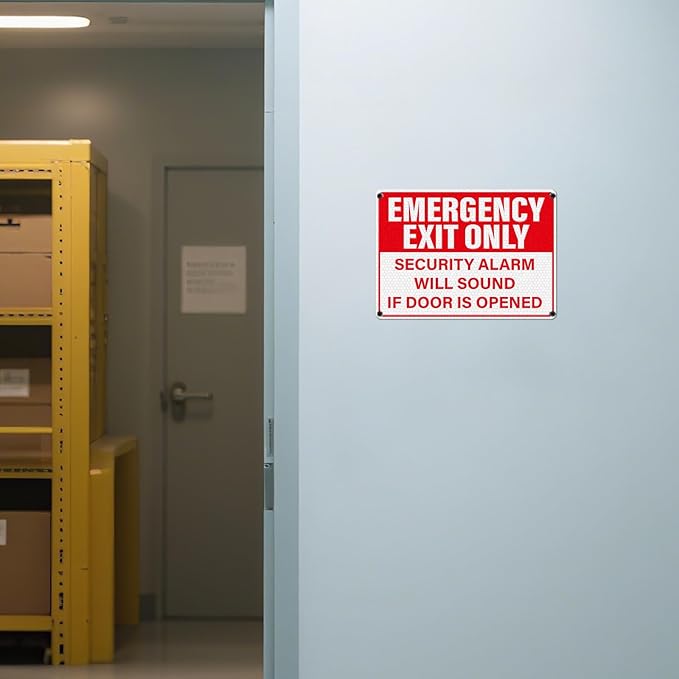 2 Pack Emergency Exit Only - Security Alarm Will Sound If Door Is Opened Sign 10 × 7 Inches Reflective Waterproof Aluminum Safety Signage with Pre-Drilled Holes for Workplace Warehouse