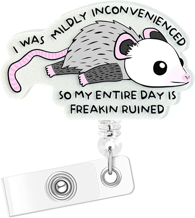 Nurse Retractable Badge Holder, Humorous Badge Buddy with Alligator Clip, Glitter Acrylic Nurse Badge Reel, Funny Design (Opossum)