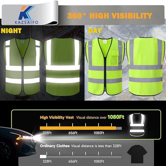 Hi Vis Reflective Safety Vest for Men Women Work,Mesh High Visibility Class 2 Construction Vest with Chest Pocket and Zipper Front,Meets ANSI/ISEA Standard (KZ179-Yellow-5XL)