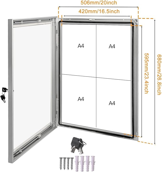 26.8×20 Lockable Enclosed Bulletin Board Wall Display Case with Rubber Seal Aluminum Cork Board with Door Protected Tamperproof Noticeboard for Indoor or Outdoor Use(Cork)
