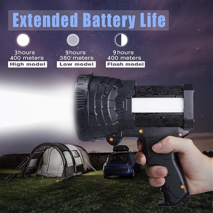YIERBLUE Rechargeable Spotlight, Super Bright 1000000 High Lumen LED Handheld Spotlight Long Lasting Large Flashlight Searchlight and Flood Camping Flashlight with Foldable Tripod