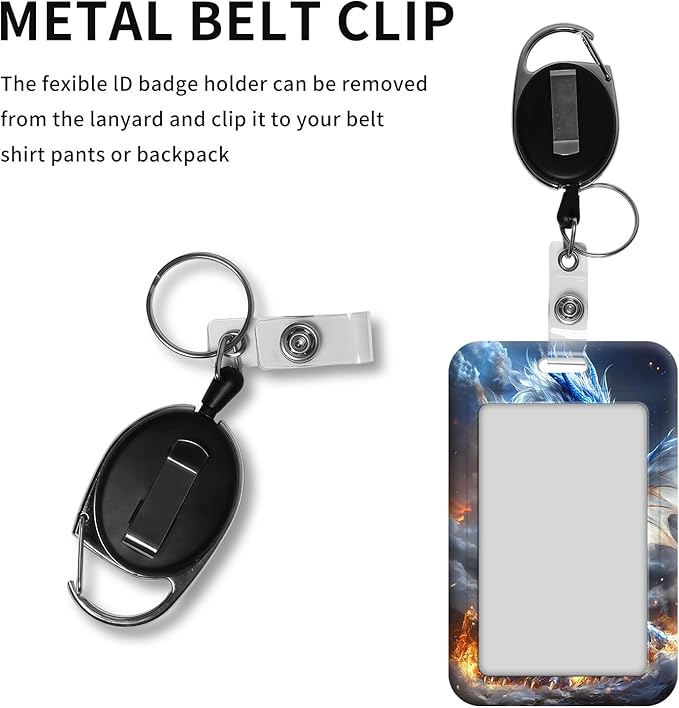 ID Badge Holder with Retractable Lanyard for Women & Men,Vertical ID Card Holder Wallet,Clear Window&Card Slot,Detachable Neck Strap for Nurse Teacher Office,Ice Fire Dragon