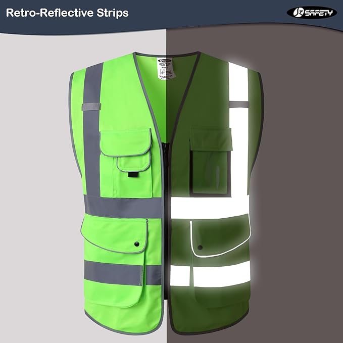 JKSafety 9 Pockets Class 2 High Visibility Zipper Front Safety Vest With Reflective Strips, Meets ANSI/ISEA Standards (X-Large, 150-Green)
