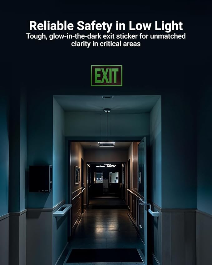 Sunco 6 Pack Photoluminescent Exit Signs, Glow In The Dark Emergency Sign, Non-Electrical, Adhesive Backing, Fade Resistant, Waterproof, Tear Resistant, Up to 50FT Visibility
