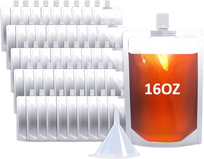 16OZ 50PCS Drink Pouches,Reusable Plastic Flask with Funnel for Drinking Liquid Juice,Stand Up Drink Bags for Travel Camping Outdoor Sport Concert Events,Leak-Proof Food Grade