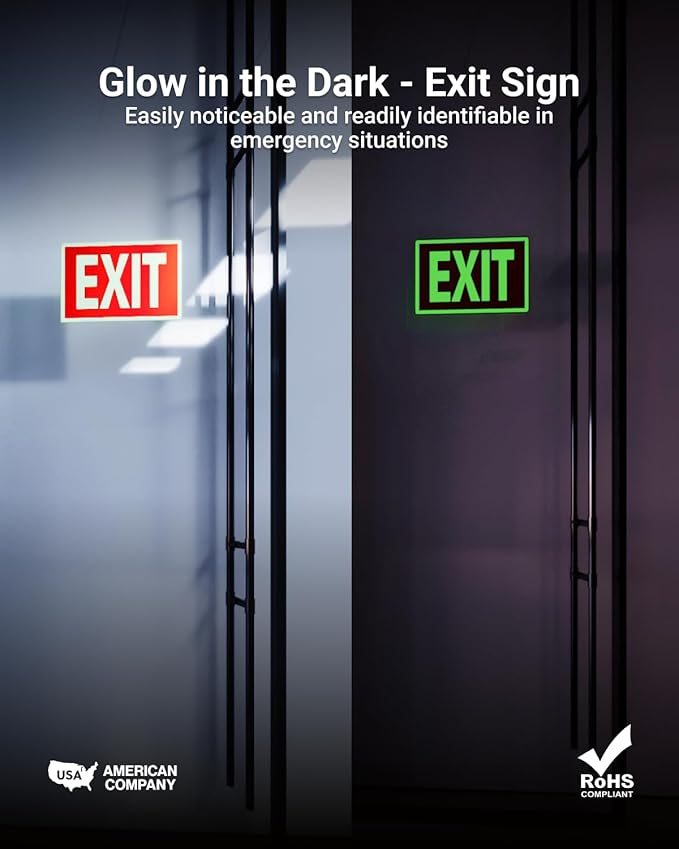 Sunco 12 Pack Photoluminescent Exit Signs, Glow In The Dark Emergency Sign, Non-Electrical, Adhesive Backing, Fade Resistant, Waterproof, Tear Resistant, Up to 50FT Visibility