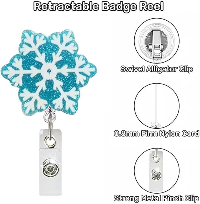 Snowflake Badge Holder Winter Badge Reel Sparkling Blue White Snowflakes Nurse Badge Holder with Alligator Clip Cute Christmas Badge Reels Xmas ID Name Badge Clips for Nurse Teacher Office Decoration