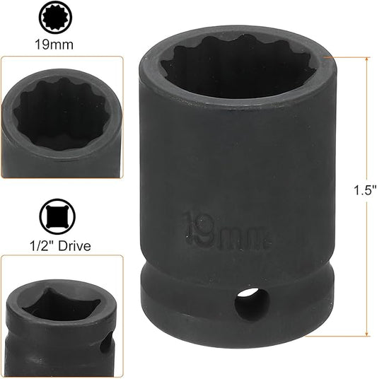 HARFINGTON 12-Point Impact Socket 1/2 Inch Drive 19mm Metric Cr-V Shallow Impact Socket Nut Driver Wrench for Auto Repair
