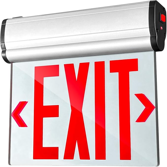 Red Led Edge-Lit Exit Sign, Aluminum Housing Double-Sided Mirrored Rotating Acrylic Plate, UL Damp Location Listed, Hardwired Emergency Exit Signs For Business, Top/Side/Wall Mount(Canopy Included)