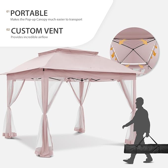 COOS BAY 11x11 Pop-Up Instant Gazebo Tent with Mosquito Netting Outdoor Canopy Shelter with 121 Square Feet of Shade (Pink)