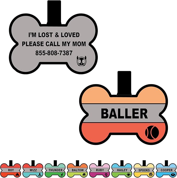 Silent Dog Tag Personalized with 5 Lines of Custom Deep Engraved Durable Soundless Silicone Pet ID Name Tag Bone Design OrangeRed