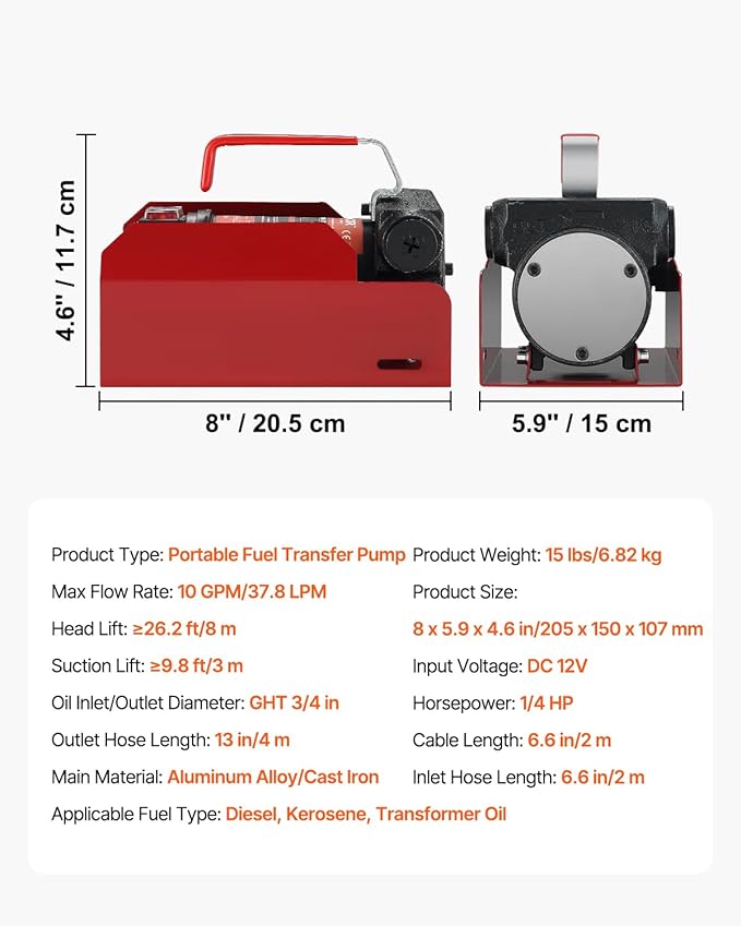 VEVOR Diesel Fuel Transfer Pump Kit, 12V 10 GPM DC with Automatic Shut-off Nozzle and Hose, Portable Electric Self-Priming Fuel Extractor Pump, for Diesel, Kerosene, Machine Oil, and Transformer Oil