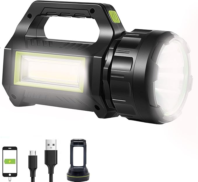 SUYOOULIN Solar LED Spotlight Lantern, Rechargeable Super Bright 10000LM Handheld LED Searchlight Flashlight, Multifunction Camping Lantern Work Light, 5 Light Modes, Waterproof, for Emergency, Home