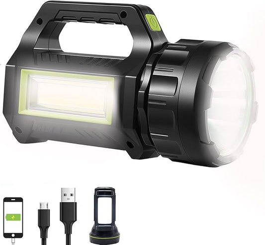 SUYOOULIN Solar LED Spotlight Lantern, Rechargeable Super Bright 10000LM Handheld LED Searchlight Flashlight, Multifunction Camping Lantern Work Light, 5 Light Modes, Waterproof, for Emergency, Home