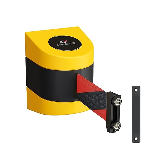 Crowd Control Warehouse - CCW Series WMB-220 Magnetic Wall Mount Retractable Belt Barrier - 15 Foot, Black and Red Diagonal Belt with Yellow ABS Case