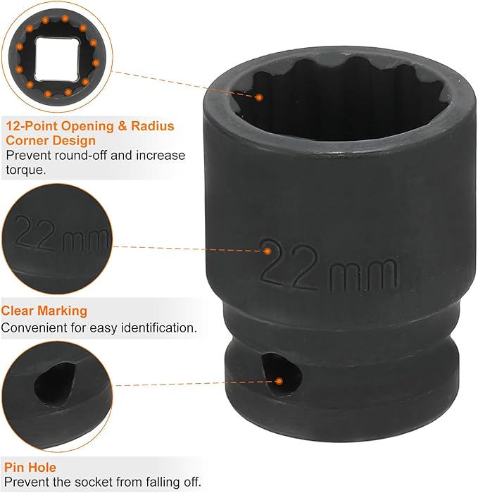 HARFINGTON 12-Point Impact Socket 1/2 Inch Drive 22mm Metric Cr-V Shallow Impact Socket Nut Driver Wrench for Auto Repair