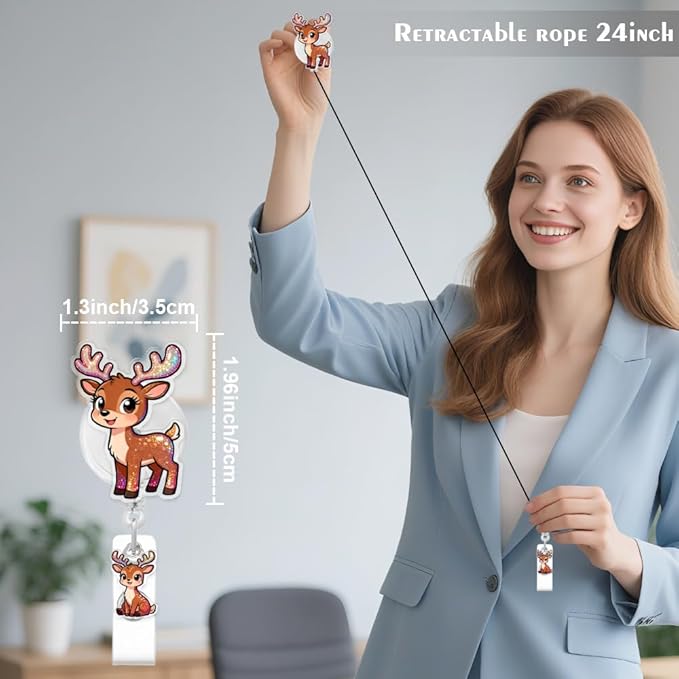 Cute Elk Badge Reel for ID Card, Funny Animal Christmas Elk Retractable Nurse Alligator Clip Badge Reel for Women, ID Name Tag Badge Holder for Office School Hospital Nurses Doctors Teachers