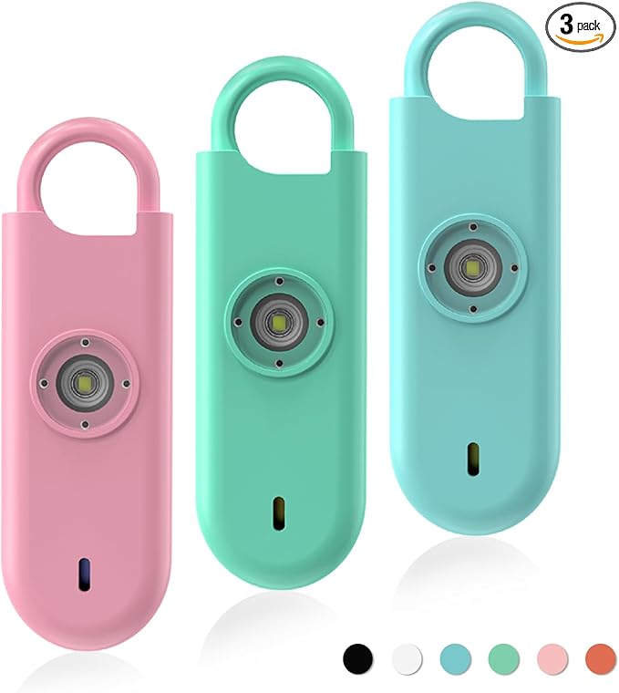 140dB Personal Safety Alarm for Women, 3 Pack Safe Alarm Protection Keychain with Strobe Light & Low Battery Notice, Security Siren Self Defense for Seniors College Girls, Blue+Green+Pink
