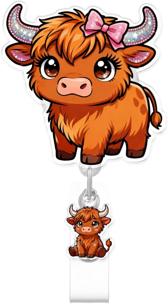 Cute Highland Cattle Badge Reel for ID Card, Funny Bow Cattle Retractable Nurse Alligator Clip Badge Reel for Women, ID Name Tag Badge Holder for Office School Hospital Nurses Doctors Teachers