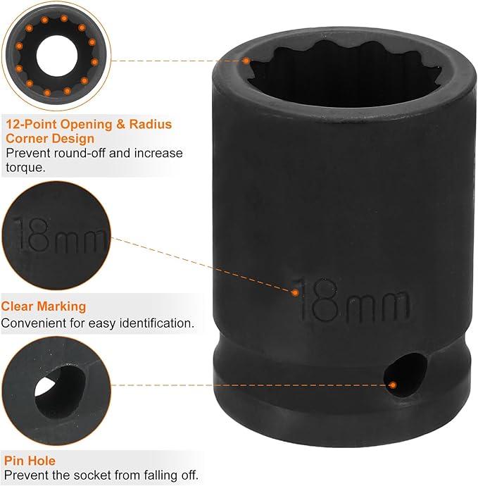 HARFINGTON 12-Point Impact Socket 1/2 Inch Drive 18mm Metric Cr-V Shallow Impact Socket Nut Driver Wrench for Auto Repair