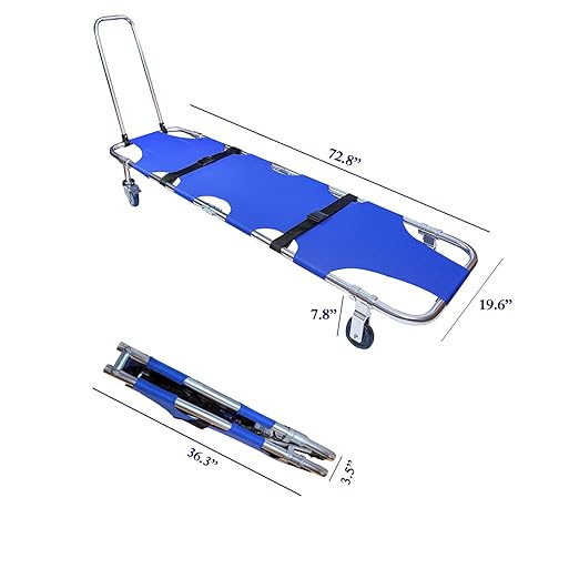 Medical Stretcher,Aluminum 4-Wheel Foldable Stretcher Trolley with Drawbar,Medical Emergency Folding Portable Stretcher for Hospitals, Sports venues, fire Rescue, and homeuse,Bearing Capacity 350 lb