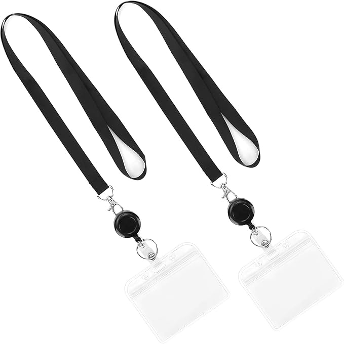 YOUOWO 2 Pack Lanyard with id Badge Holder Retractable Lanyard Black with Card Holders Horizontal Retractable Badges Reel Clip for Card Holders Waterproof with Lanyards