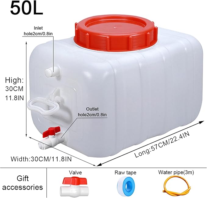 Water Container 6.6-52.8 Gallon Water Storage Tank Heavy Duty Water Carrier with Spigot and 3m Hose Food Grade Plastic Water Bucket for Camping RV Camping Outdoor Hiking Travel(Size:50L/13.2Gal)